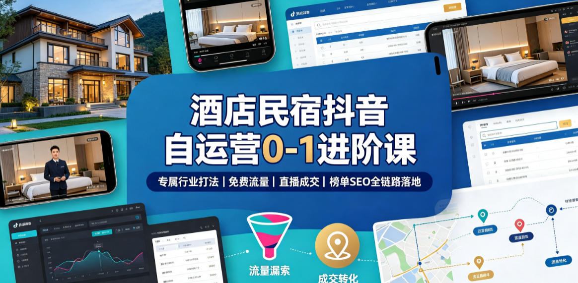 酒店民宿抖音自运营0-1进阶课｜专属行业打法、免费流量+直播成交+榜单SEO全链路落地-小灰云创