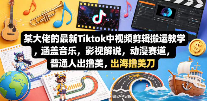 某大佬的最新Tiktok中视频剪辑搬运教学，涵盖音乐，影视解说，动漫赛道，普通人出海撸美刀-小灰云创