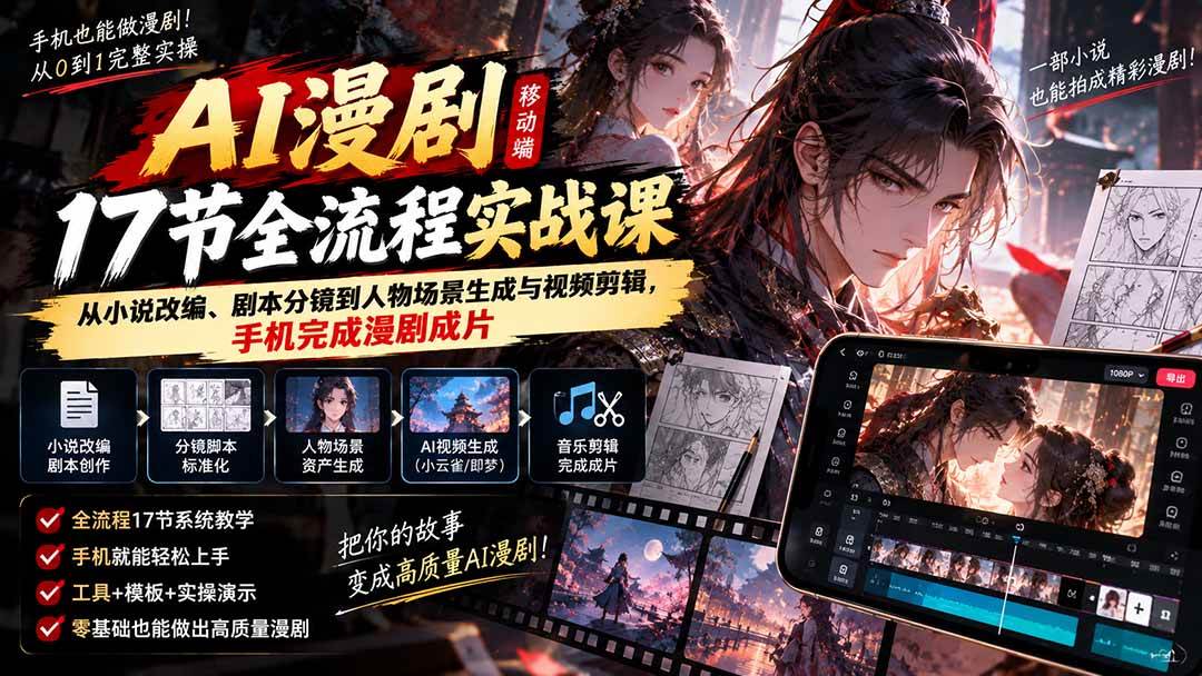 （20624期）AI漫剧移动端17节全流程实战课：从小说改编、剧本分镜到人物场景生成与视频剪辑，手机完成漫剧成片-小灰云创