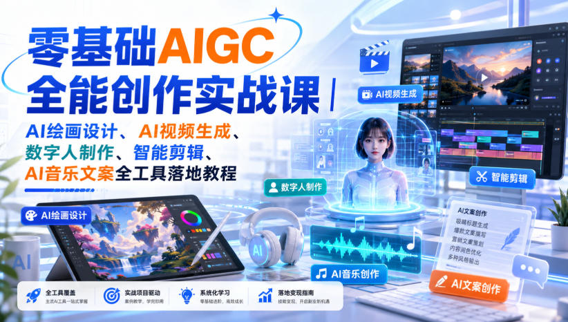 零基础AIGC全能创作实战课|AI绘画设计、AI视频生成、数字人制作、智能剪辑、AI音乐文案全工具落地教程-小灰云创