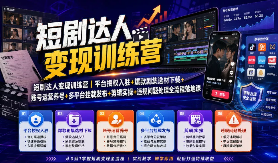 短剧达人变现训练营｜平台授权入驻+爆款剧集选材下载+账号运营养号+多平台挂载发布+剪辑实操+违规问题处理全流程落地课-小灰云创