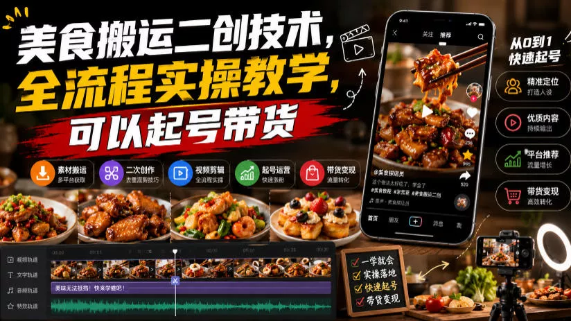 美食搬运二创技术,全流程实操教学,可以起号带货-小灰云创