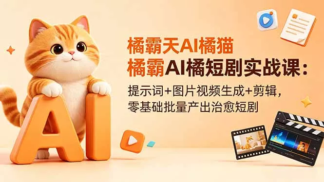 橘霸天AI橘猫短剧实战课:提示词+图片视频生成+剪辑,零基础批量产出治愈短剧-小灰云创