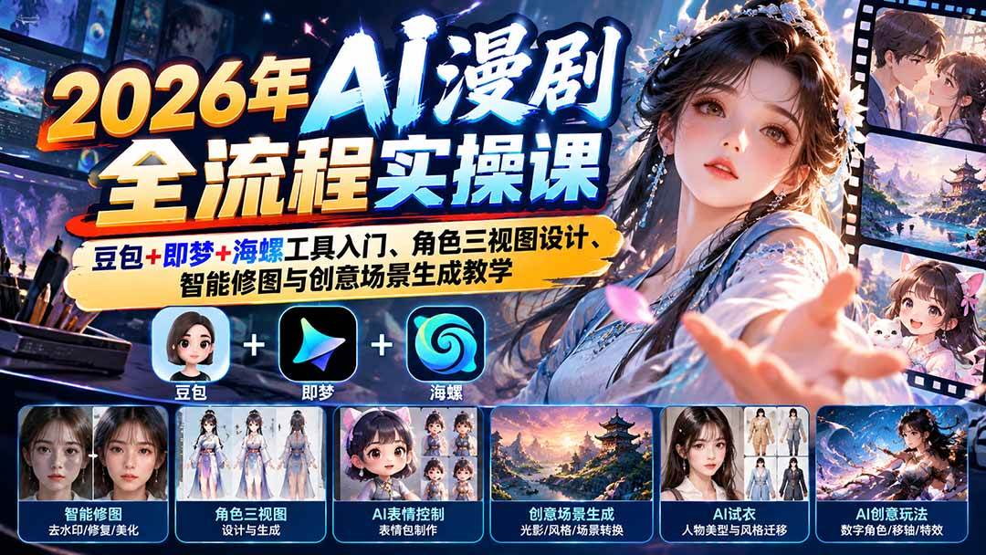 （21077期）2026年AI漫剧全流程实操课：豆包+即梦+海螺工具入门、角色三视图设计、智能修图与创意场景生成教学-小灰云创