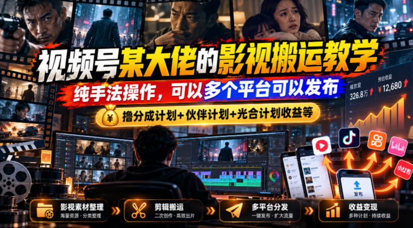 视频号某大佬的影视搬运教学，纯手法操作，可以多个平台可以发布，撸分成计划+伙伴计划+光合计划收益等-小灰云创