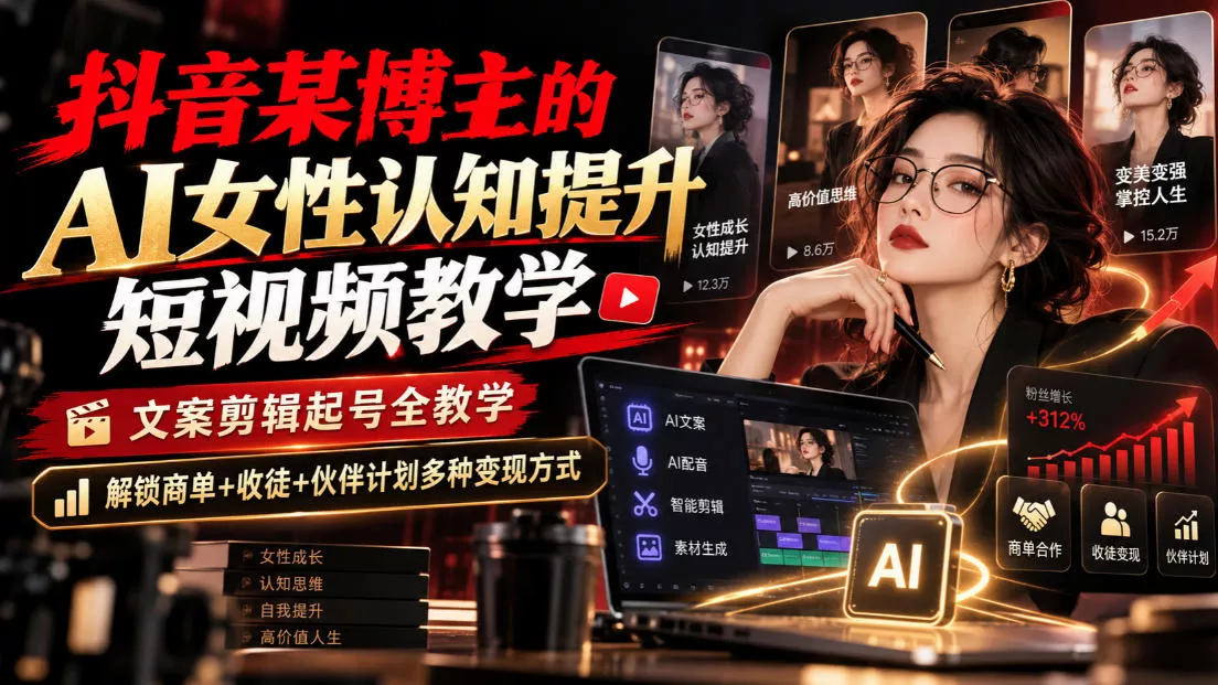 抖音某博主的Ai女性认知提升短视频教学,文案剪辑起号全教学,解锁商单+收徒+伙伴计划多种变现方式-小灰云创