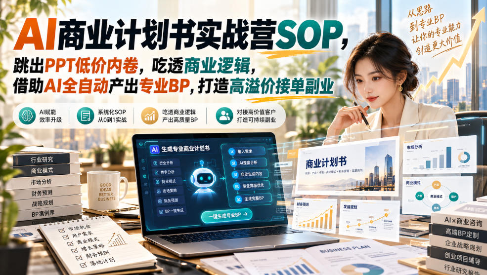 AI商业计划书实战营SOP,跳出PPT低价内卷,吃透商业逻辑,借助AI全自动产出专业BP,打造高溢价接单副业-小灰云创
