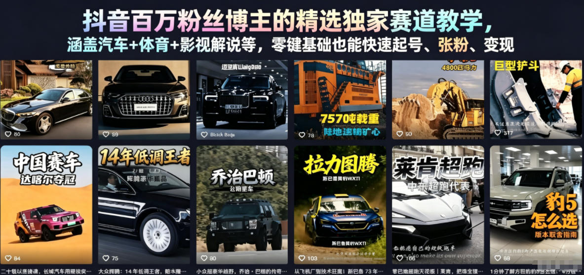 抖音百万粉丝博主的精选独家赛道教学，涵盖汽车+体育+影视解说等，零基础也能快速起号、涨粉、变现-小灰云创