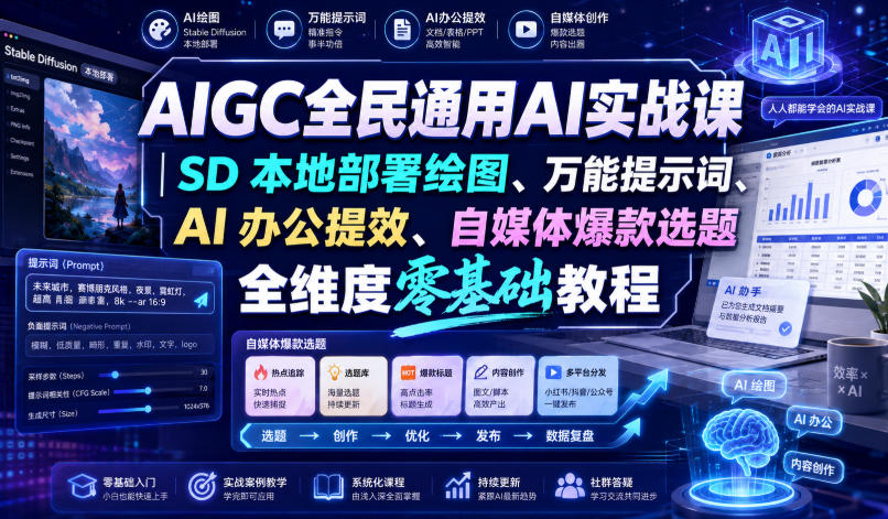 AIGC全民通用AI实战课｜SD本地部署绘图、万能提示词、AI办公提效、自媒体爆款选题全维度零基础教程-小灰云创