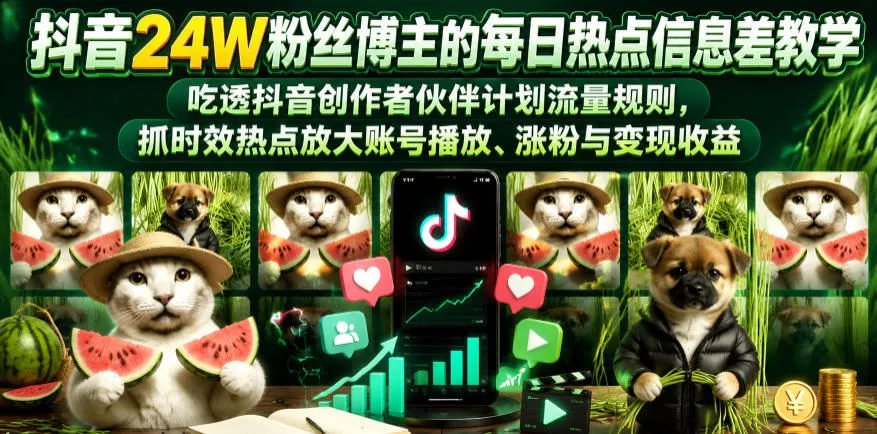抖音24W粉丝博主的每日热点信息差教学，吃透创作者伙伴计划流量规则，抓时效热点放大账号播放、涨粉与变现收益-小灰云创