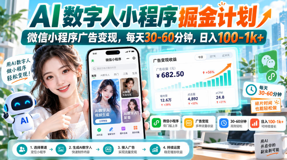 【无水印】AI数字人小程序掘金计划,微信小程序广告变现,每天30‑60分钟,日入100‑1k+-小灰云创