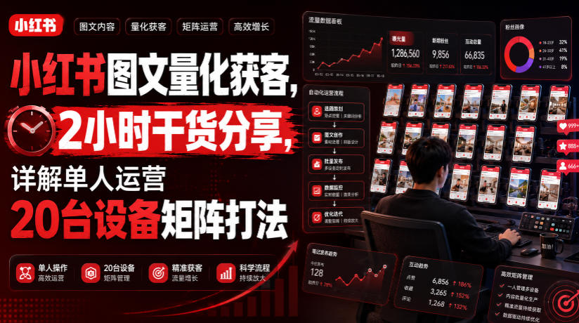 小红书图文量化获客，2小时干货分享，详解单人运营20台设备矩阵打法-小灰云创