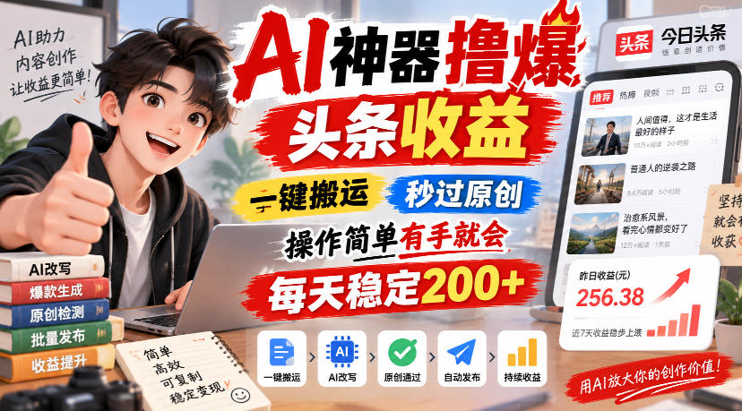 AI神器撸爆头条收益，一键搬运，秒过原创，操作简单有手就会，每天稳定200+【揭秘】-小灰云创