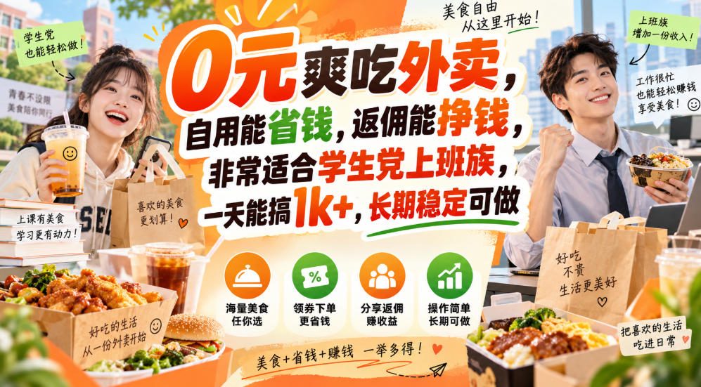 0元爽吃外卖，自用能省钱，返佣能挣钱，非常适合学生党上班族，一天能搞1k+，长期稳定可做-小灰云创