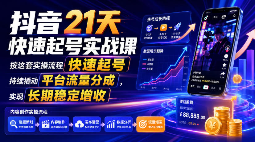 抖音21天快速起号实战课，按这套实操流程快速起号，持续撬动平台流量分成，实现长期稳定增收-小灰云创