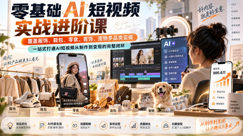 零基础AI短视频实战进阶课,覆盖服饰、鞋包、零食、首饰、宠物多品类实操,一站式打通AI短视频从制作到变现的完整闭环-小灰云创