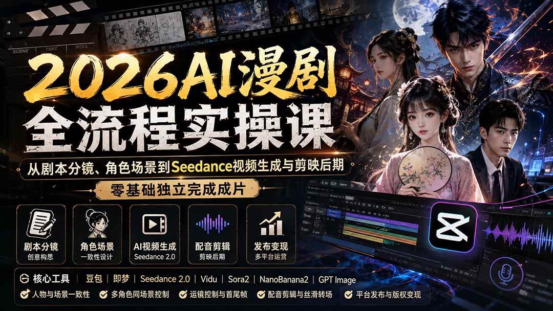 (20042期)2026AI漫剧全流程实操课:从剧本分镜、角色场景到Seedance视频生成与剪映后期,零基础独立完成成片-小灰云创