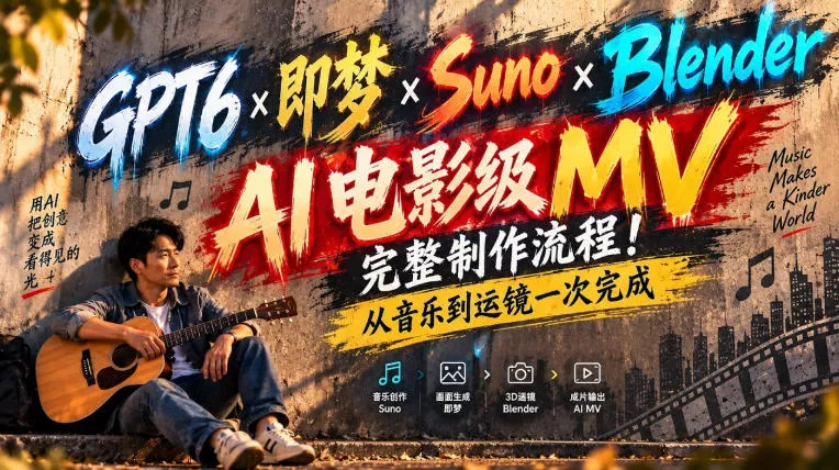 GPT6×即梦×Suno×Blender｜AI电影级MV完整制作流程！从音乐到运镜一次完成！-小灰云创