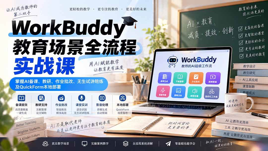 (20518期)WorkBuddy教育场景全流程实战课:掌握AI备课、教研、作业批改、无生试讲陪练及QuickForm本地部署-小灰云创