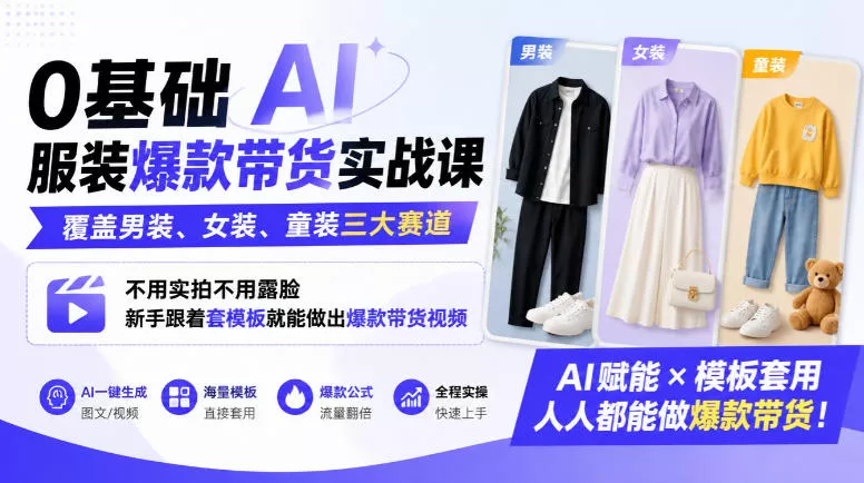 0基础AI服装爆款带货实战课｜覆盖男装、女装、童装三大赛道，不用实拍不用露脸，新手跟着套模板就能做出爆款带货视频(更新1010)-小灰云创