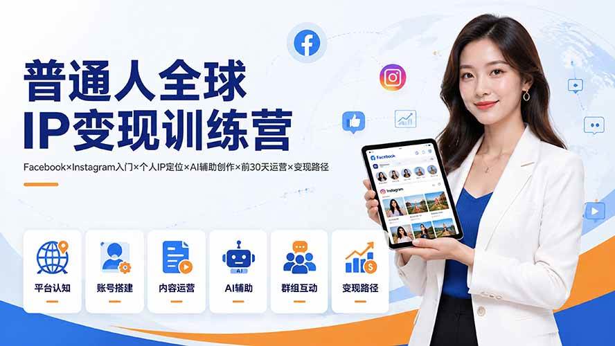 （19568期）普通人全球IP变现训练营：Facebook×Instagram入门×个人IP定位×AI辅助创作×前30天运营×变现路径-小灰云创