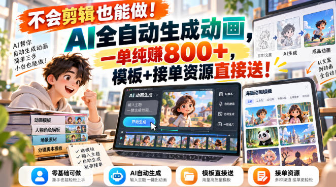 不会剪辑也能做！AI全自动生成动画，一单纯賺800+，模板+接单资源直接送！【揭秘】-小灰云创