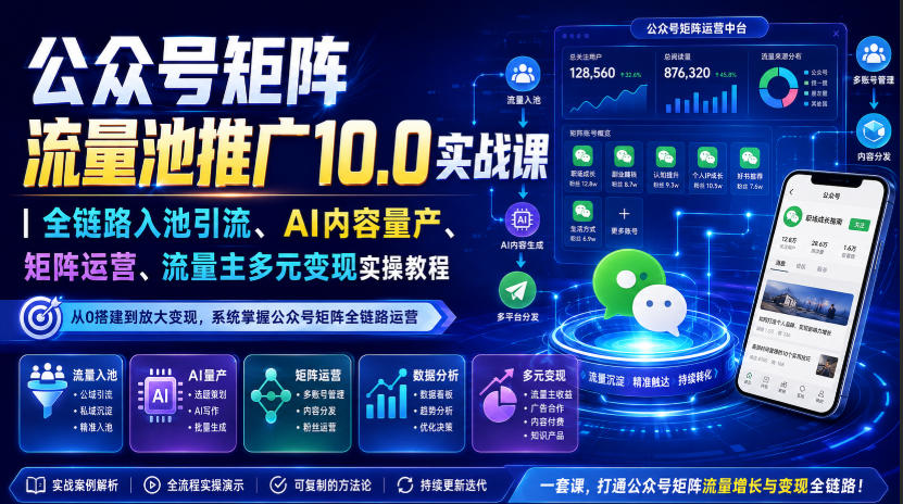 公众号矩阵流量池推广10.0实战课|全链路入池引流、AI内容量产、矩阵运营、流量主多元变现实操教程-小灰云创