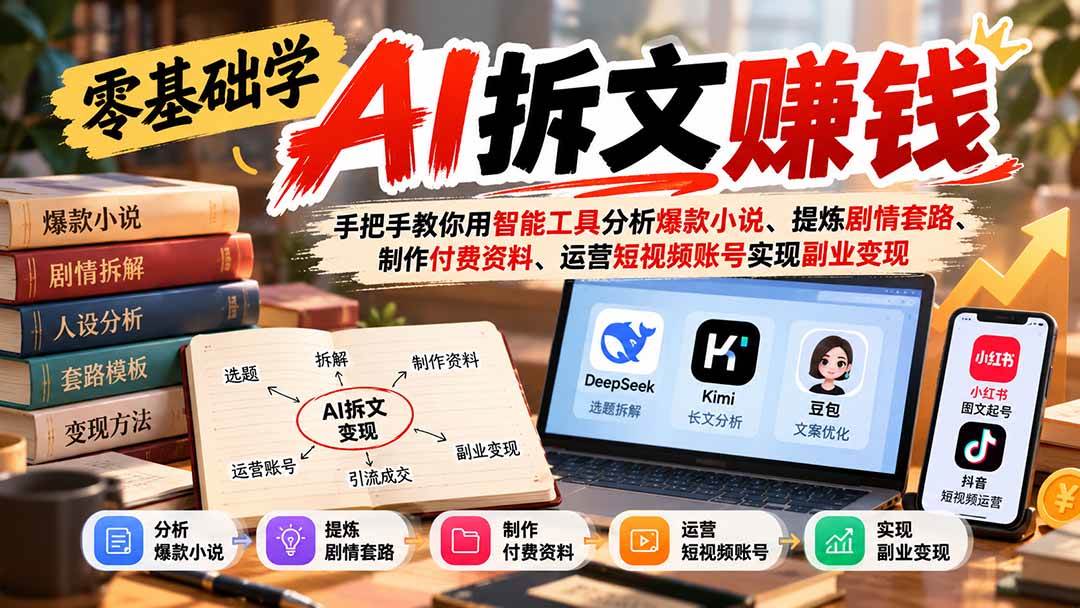 (21030期)零基础学AI拆文赚钱:手把手教你用智能工具分析爆款小说、提炼剧情套路、制作付费资料、运营短视频账号实现副业变现-小灰云创