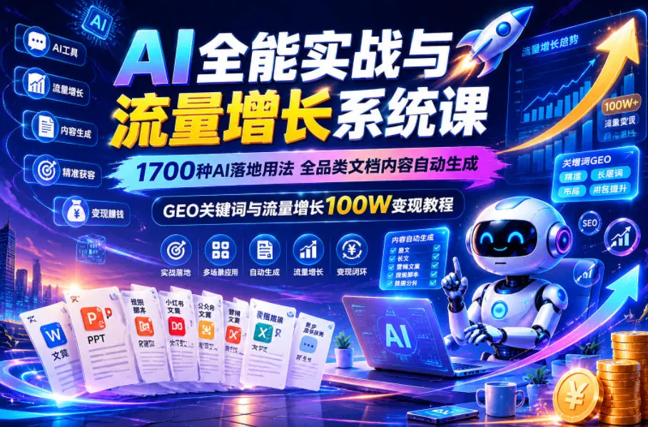 AI全能实战与流量增长系统课,1700种AI落地用法,全品类文档内容自动生成,GEO关键词与流量增长100W变现教程-小灰云创