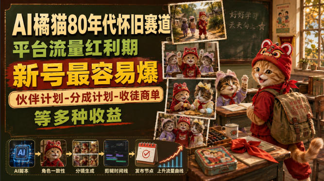 AI橘猫80年代怀旧赛道,平台流量红利期,新号最容易爆,伙伴计划-分成计划-收徒商单等多种收益-小灰云创