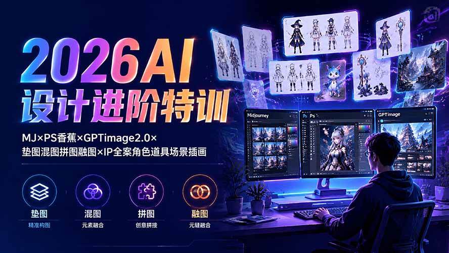 （19569期）2026AI设计进阶特训：MJ×PS香蕉×GPTimage2.0×垫图混图拼图融图×IP全案角色道具场景插画-小灰云创
