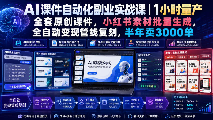 AI课件自动化副业实战课｜1小时量产全套原创课件，小红书素材批量生成，全自动变现管线复刻，半年卖3000单-小灰云创