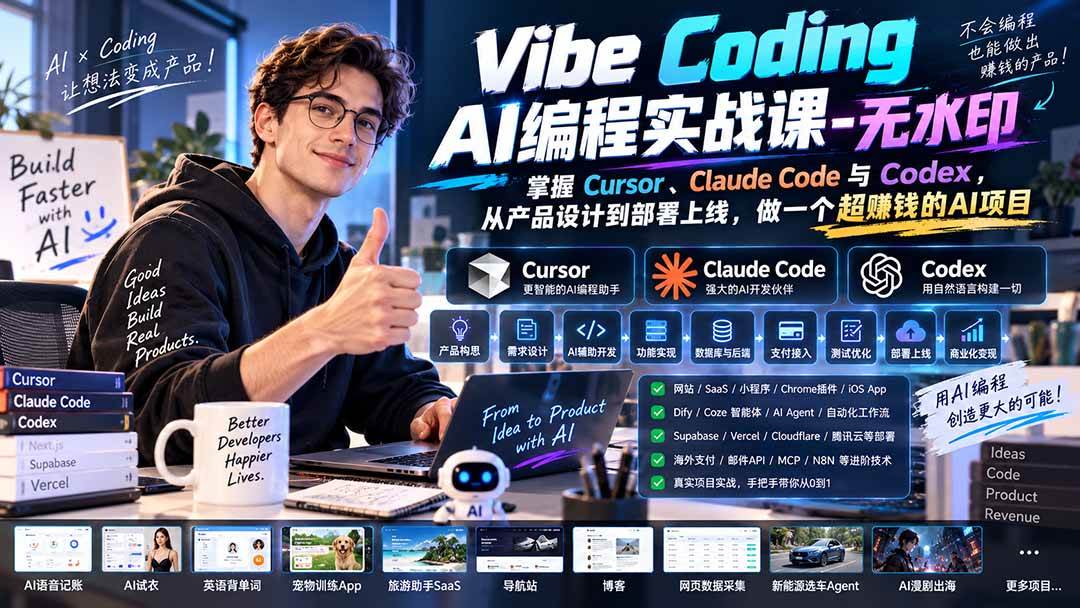 (20431期)Vibe Coding AI编程实战课-无水印:掌握Cursor、Claude Code与Codex,从产品设计到部署上线,做一个超赚钱的AI项目-小灰云创