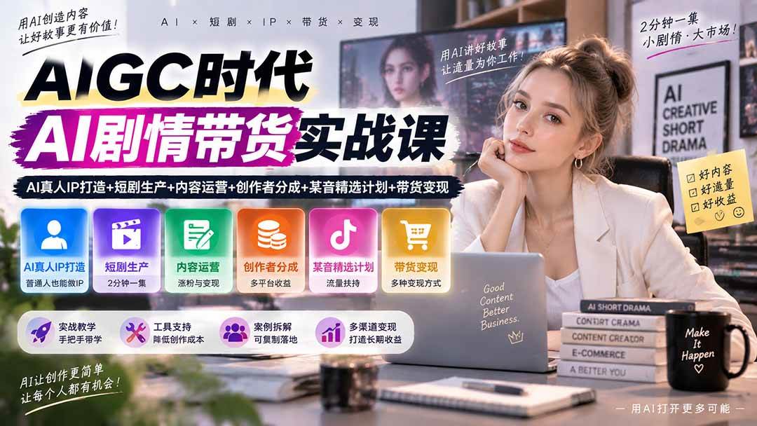 （20567期）AIGC时代AI剧情带货实战课｜AI真人IP打造+短剧生产+内容运营+创作者分成、某音精选计划+带货变现-小灰云创