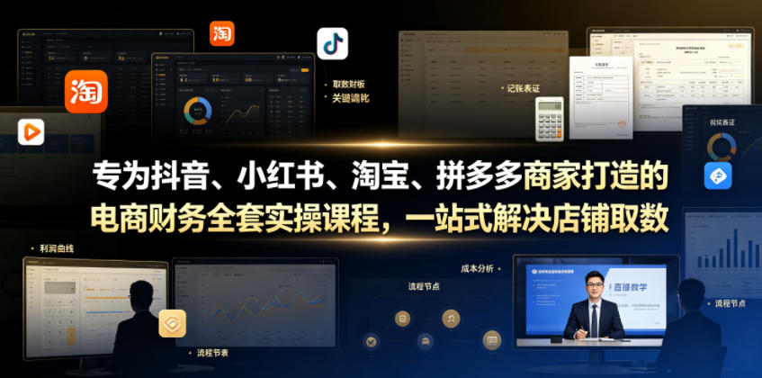 专为抖音、小红书、淘宝、拼多多商家打造的电商财务全套实操课程，一站式解决店铺取数、记账、报税全流程难题-小灰云创