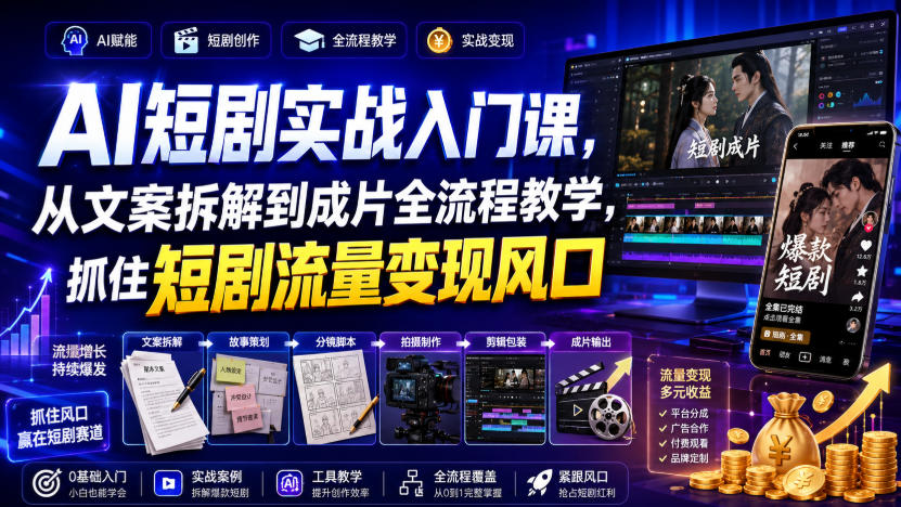 AI短剧实战入门课，从文案拆解到成片全流程教学，抓住短剧流量变现风口-小灰云创