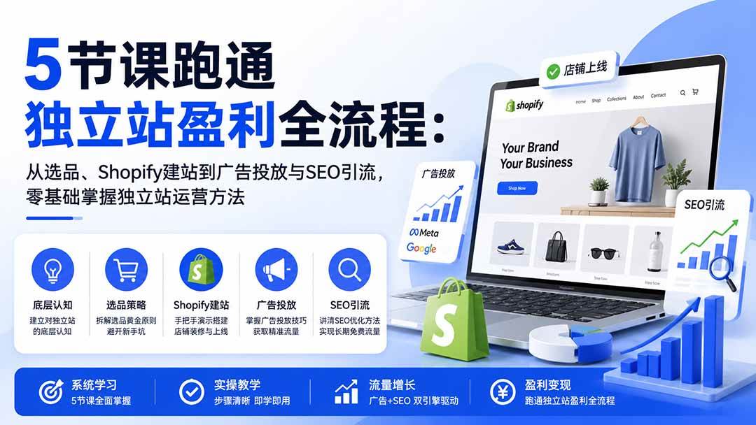 （20316期）5节课跑通独立站盈利全流程：从选品、Shopify建站到广告投放与SEO引流，零基础掌握独立站运营方法-小灰云创