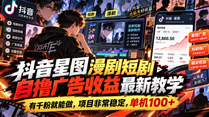 抖音星图漫剧短剧自撸广告收益最新教学，有千粉就能做，项目非常稳定，单机100+-小灰云创
