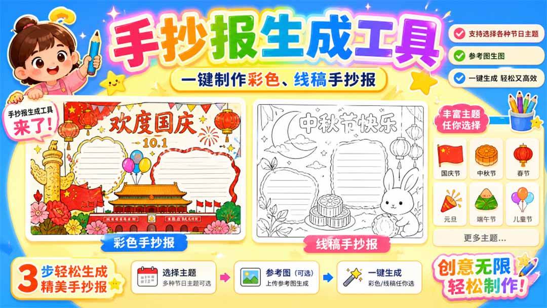 (20265期)手抄报批量生成工具来了,完全免费,告别豆包生图,这个高清无水印-小灰云创