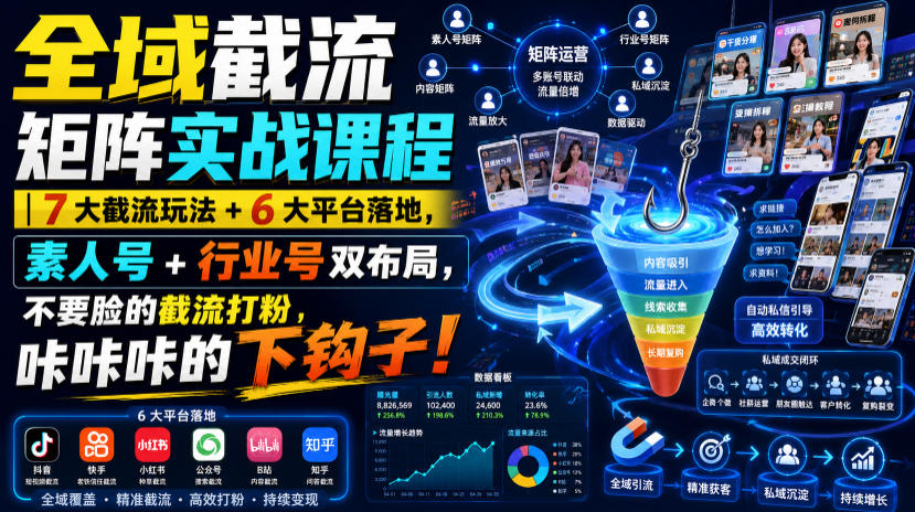 全域截流矩阵实战课程｜7大截流玩法+6大平台落地，素人号+行业号双布局，不要脸的截流打粉，咔咔咔的下钩子！-小灰云创