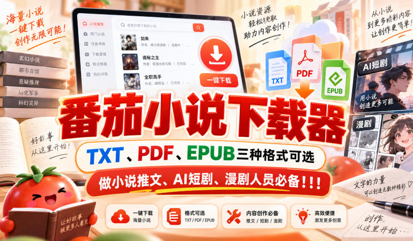 番茄小说下载器，TXT、PDF、EPUB三种格式可选，做小说推文、AI短剧、漫剧人员必备！！！-小灰云创