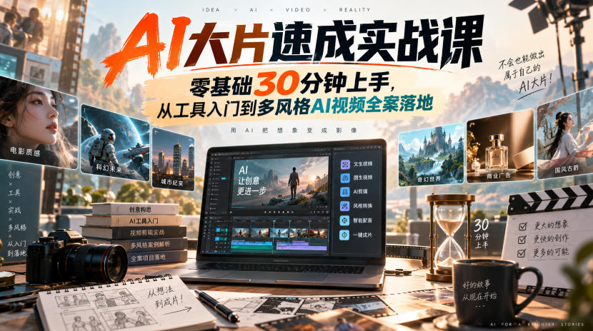 AI大片速成实战课｜零基础30分钟上手，从工具入门到多风格AI视频全案落地-小灰云创