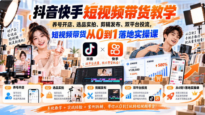 抖音快手短视频带货教学｜养号开店、选品实拍、剪辑发布、双平台投流，短视频带货从0到1落地实操课-小灰云创