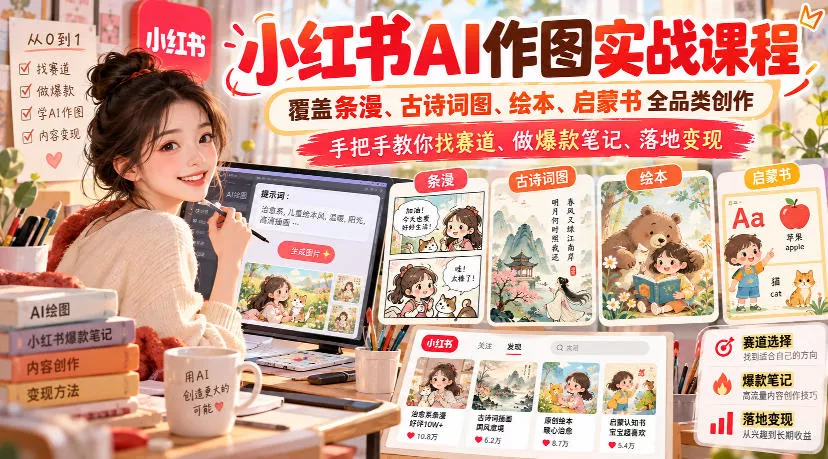 小红书AI作图实战课程,覆盖条漫、古诗词图、绘本、启蒙书全品类创作,手把手教你找赛道、做爆款笔记、落地变现(更新1017) 小红书AI作图实战课程,覆盖条漫、古诗词图、绘本、启蒙书全品类创作,手把手教你找赛道、做爆款笔记、落地变现(更新1017)
