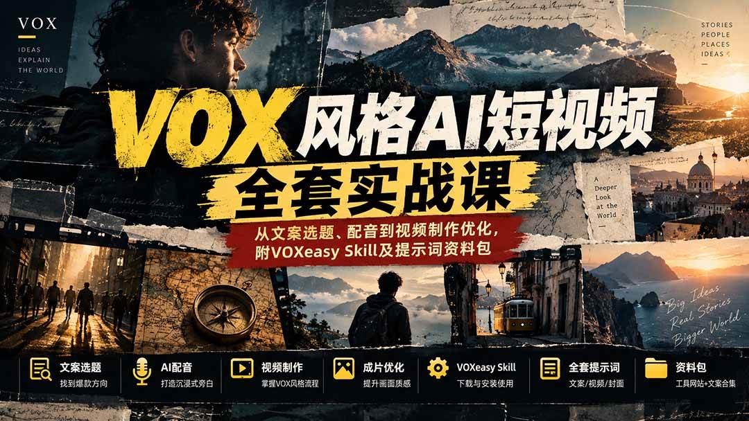 (20677期)【无水印】VOX风格AI短视频全套实战课:从文案选题、配音到视频制作优化,附VOXeasy Skill及提示词资料包-小灰云创