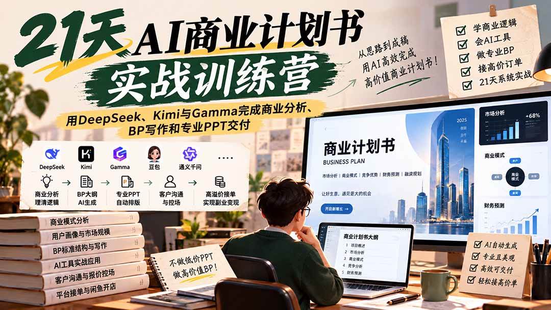 (20637期)【无水印】21天AI商业计划书实战训练营:用DeepSeek、Kimi与Gamma完成商业分析、BP写作和专业PPT交付-小灰云创