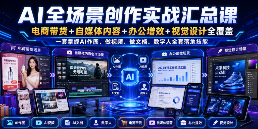 AI全场景创作实战汇总课｜电商带货+自媒体内容+办公增效+视觉设计全覆盖，一套掌握AI作图、做视频、做文档、数字人全套落地技能-小灰云创