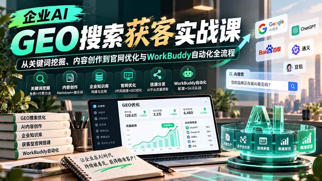 （20643期）企业AI GEO搜索获客实战课：从关键词挖掘、内容创作到官网优化与WorkBuddy自动化全流程-小灰云创
