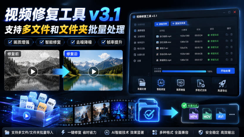 视频修复工具v3.1,支持多文件和文件夹批量处理-小灰云创