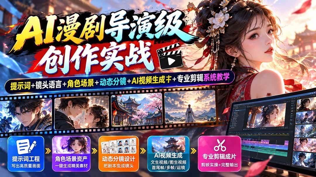 (20814期)AI漫剧导演级创作实战:提示词+镜头语言+角色场景+动态分镜+AI视频生成+专业剪辑系统教学-小灰云创